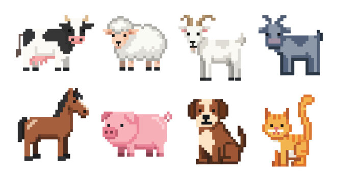 Pixel Art Farm Animals and Domestic Pets Vector Set