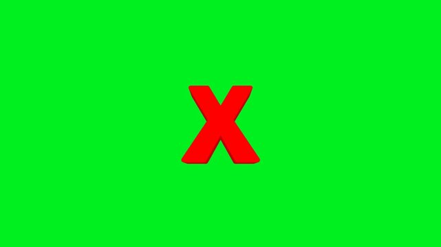Smooth rotating 3D red X icon animation loop isolated on green screen chroma key background, ideal for overlay editing, warning signs, rejection concepts, error messages, and cancel symbols.