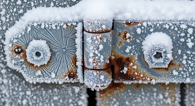 Snowy scene of rusty metal door hinge outdoors in winter weather.