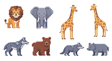 Fototapeta premium Pixel Art Wild Animals Collection: Lion, Elephant, Giraffe, Wolf, Bear Set