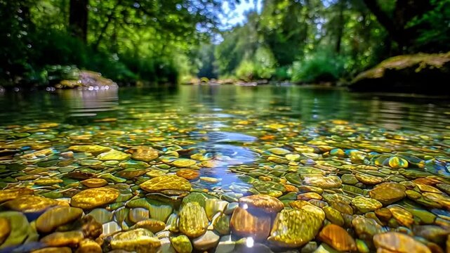 Crystal-clear stream flowing over colorful river stones in a lush forest setting tranquil nature scene evoking peace and serenity with dappled sunlight filtering through trees