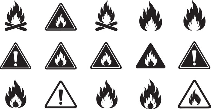Warning signs of fire and flames icons on white background