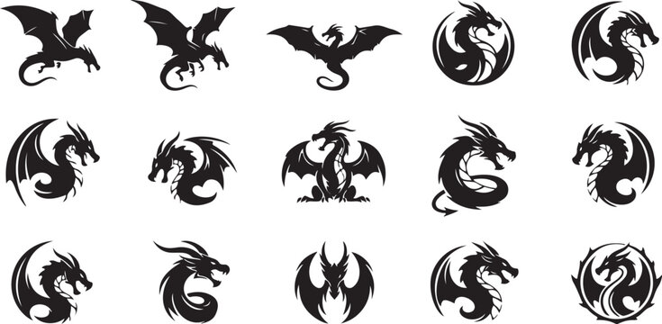 Collection of various dragon silhouettes and mythical creatures on white