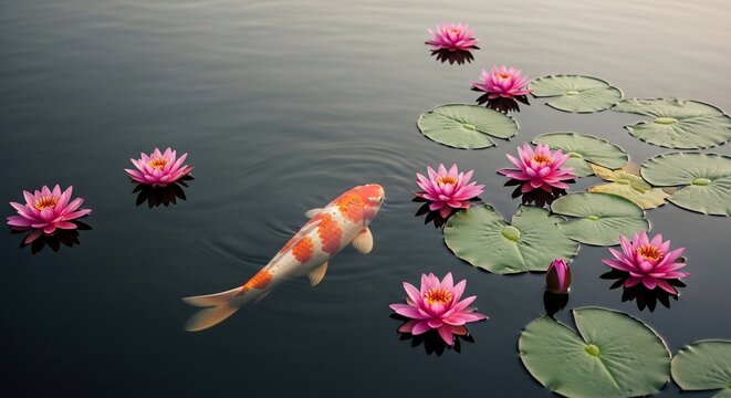 Koi fish and lotus flowers