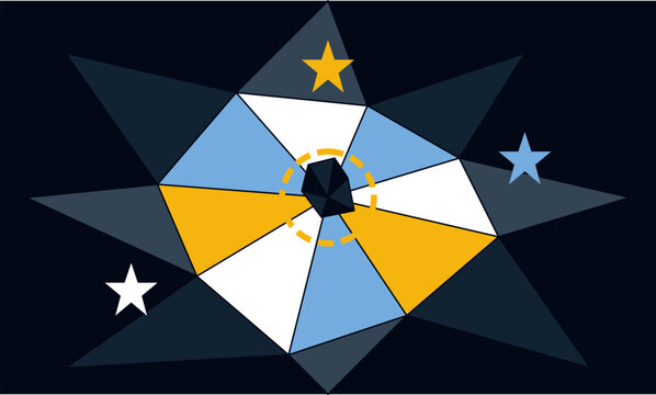 Abstract geometric design with a colorful star pattern on a black background and small star accents