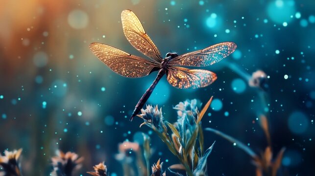 A golden dragonfly with dew drops on its wings perches on a flower with a blurred blue and yellow bokeh background.