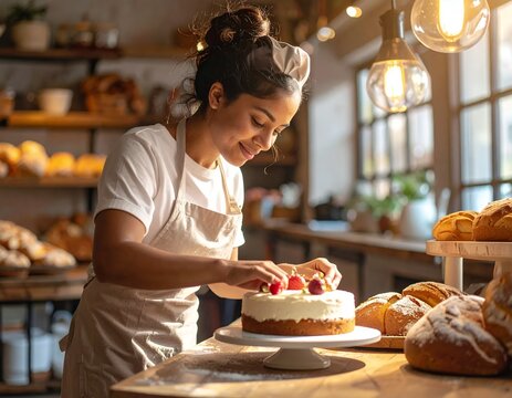 Smiling baker decorating a fresh cake in a cozy bakery.
