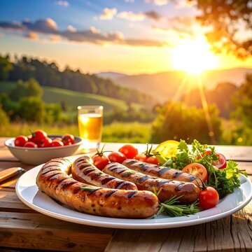 Grilled Sausages with Salad and Tomatoes.