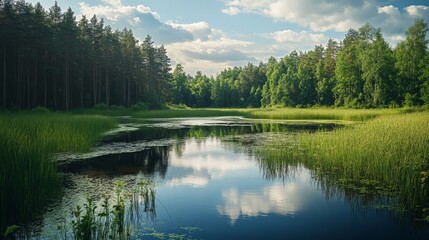 Obraz premium A serene, tranquil lake nestled amongst a lush, verdant forest, with calm water reflecting the sky and clouds.