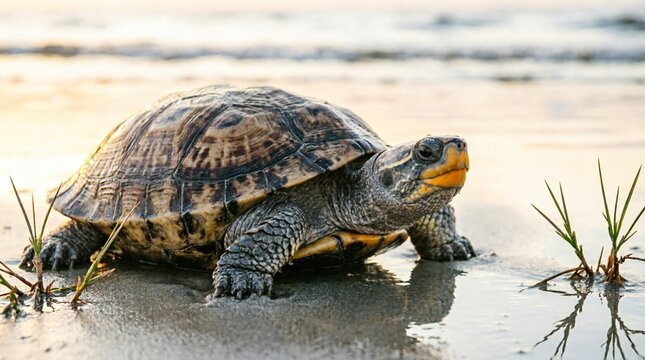 Diamondback terrapin turtle resting on sandy beach at water edge with marsh grass, shallow coastal wetland habitat, wildlife photography, sharp focus, golden hour natural lighting, professional qualit