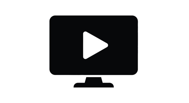 A sleek black and white vector illustration of a modern computer monitor displaying a prominent play button icon, perfect for digital media concepts.