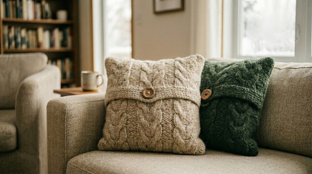 Handmade sweater felted pillow covers on a cozy sofa demonstrating creative upscaling and sustainable home decor ideas