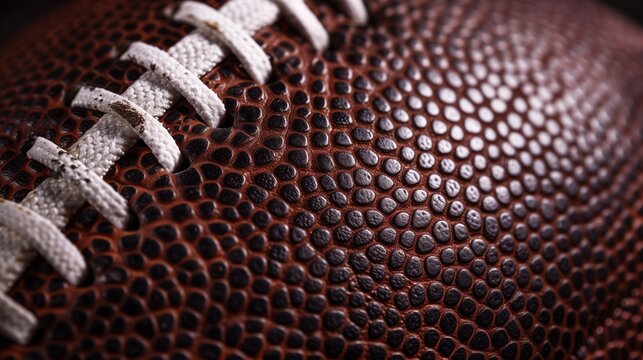 Close up of brown leather american football texture with white laces