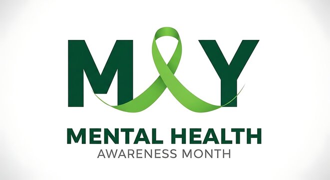 Mental health awareness month logo featuring may with a ribbon mental health awareness