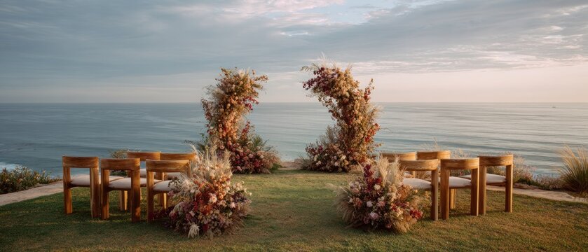 Wedding ceremony setup with floral arch chairs and ocean view