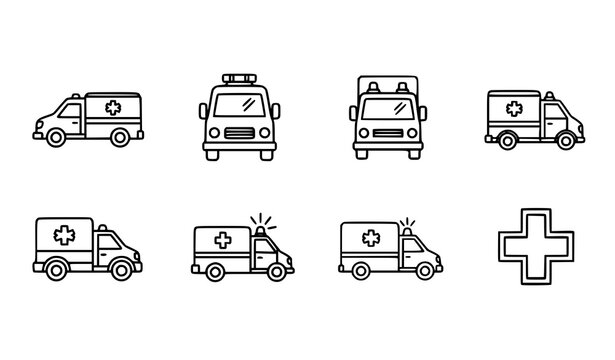 Ambulance illustration icons outline and silhouette emergency medical vehicle vector set isolated on white background