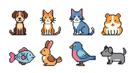 Fototapeta premium Pixel Art Cute Pets Collection: Dog, Cat, Fish, Bird, Rabbit, Hamster