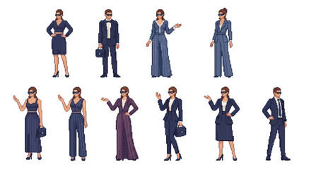 Obraz premium Pixel Art Business Agents Collection with Masks in Corporate Suits and Dresses