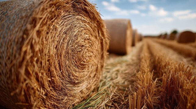 Large round hay bales sit on a harvested golden field under a partly cloudy sky, symbolizing autumn harvest and rural farming life.
