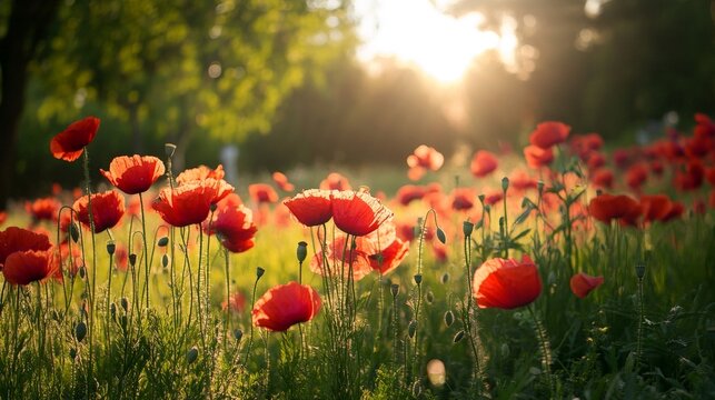 A field of red poppies in full bloom, bathed in the warm glow of the setting sun.
