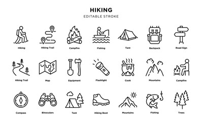 Hiking and camping outline icons set with editable stroke