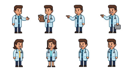 Naklejka premium Pixel Art Doctors and Physicians Character Sprites for Medical Healthcare Games