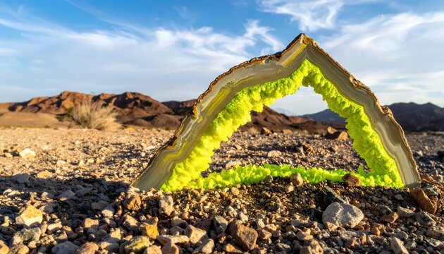 Abstract Art Installation in Desert Landscape with Bright Green Interior.