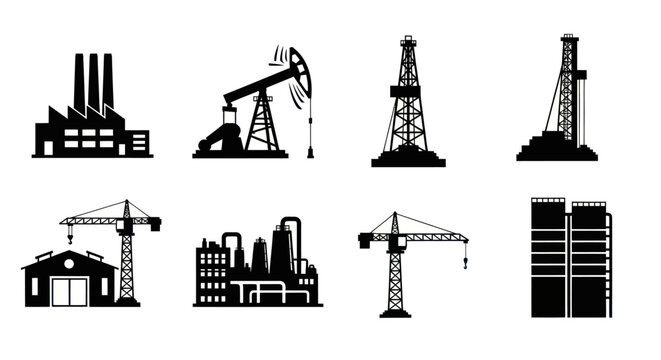 Industrial and Construction Icons Set: Factory, Oil Rig, Crane  Plant Silhouettes