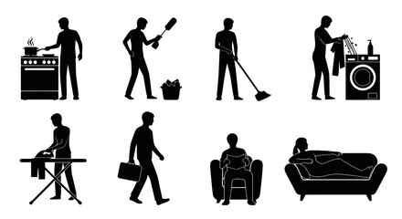 Fototapeta premium Vector silhouettes of man doing household chores and working while woman relaxes on sofa