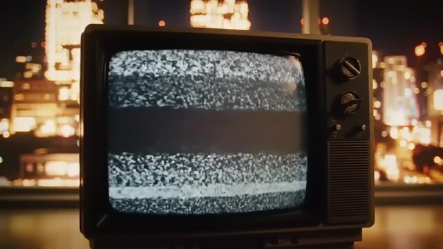 Vintage Television Screen Displaying Static Noise in Cityscape Background.