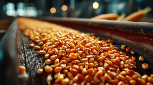 Close-up of yellow corn kernels on a conveyor belt in an industrial setting, likely part of a food processing or agricultural facility.