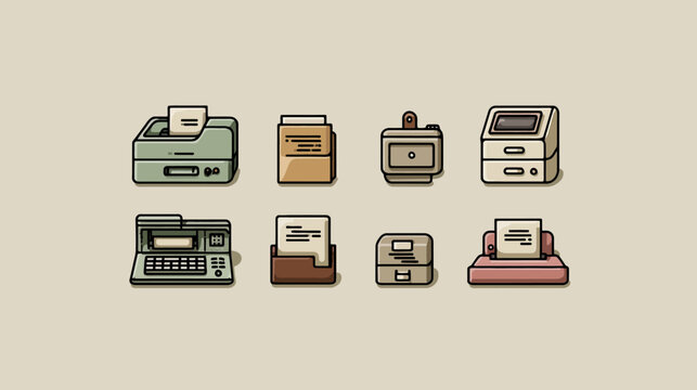 Collection of retro pixel art office equipment icons. Vintage computing peripherals, old printers, typewriter, and data storage devices.