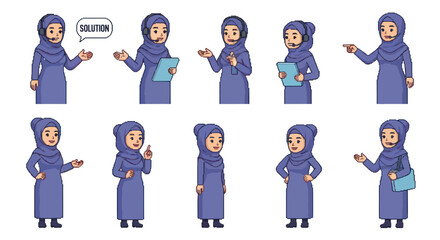 Fototapeta premium Flat Cartoon Muslim Woman Business and Customer Service Character Poses Set