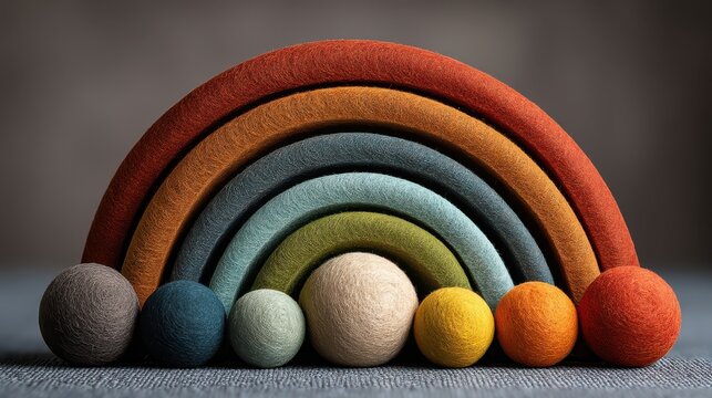 A colorful wool felt rainbow with seven arched layers and matching textured balls arranged in front on a neutral surface.