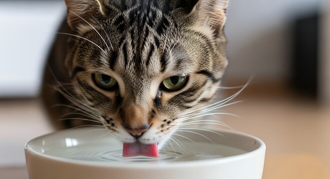 Tabby cat drinking water from bowl closeup