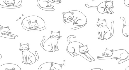 Fototapeta premium Cute Cat Drawing Seamless Pattern: Adorable Feline Poses on White Background