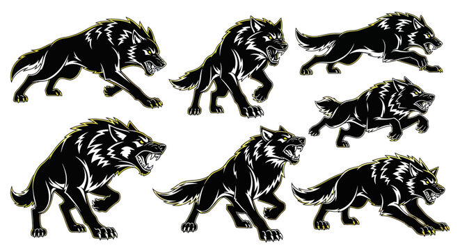 Aggressive Black  White Line Art Wolves Vector Set for Gaming, Esports, and Mascot Design