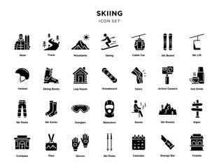 Skiing icon set with winter sport equipment and resort symbols