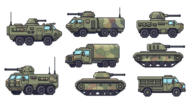 Retro Pixel Art Military Vehicles Set Army Tanks Trucks Defense Industry 2D Game Sprites