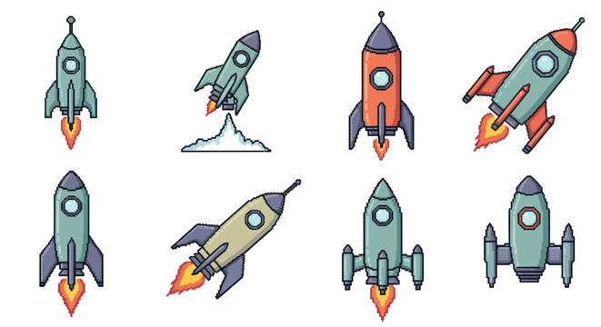 Retro 8-bit pixel art space rocket ship vector icon set for gaming and tech