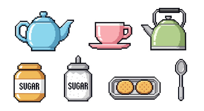 Retro pixel art cafe beverage icon set with teapot tea cup kettle sugar and cookies