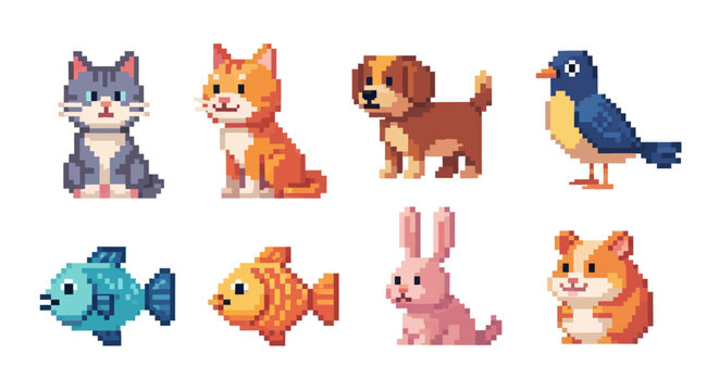 Retro 8-Bit Pixel Art Domestic Pets Set Cat Dog Bird Fish Rabbit Vector