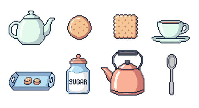 Pixel Art Tea Set: Kettle, Cup, Biscuits, Sugar, Spoon, Tray