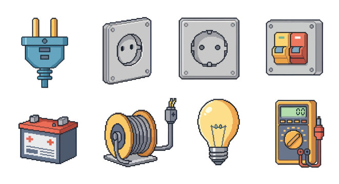 Pixel Art Electrical Icons: Plug, Socket, Breaker, Battery, Cable, Bulb, Multimeter