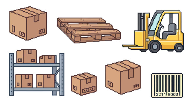Warehouse logistics pixel art icon set with forklift, pallet, boxes, rack and barcode