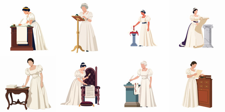 Vector illustration collection of royal women in regency era gowns writing letters, reading scrolls, and using wax seals in various historical scenes.