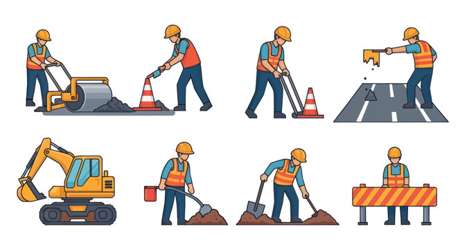 Construction Workers with Excavator, Roller, Tools, Roadwork, Flat Art