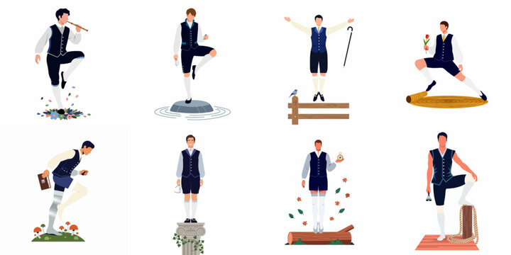 A collection of eight male figures in historical attire performing various actions and poses in a minimalist flat design style.