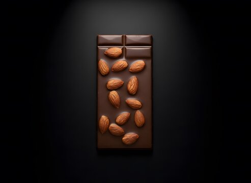 Overhead view of a dark chocolate bar studded with whole almonds, presented against a stark black background with dramatic, moody lighting