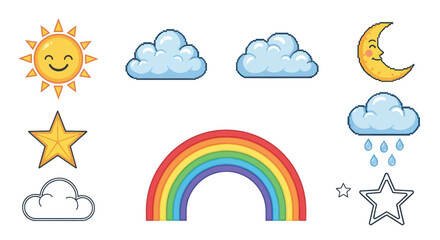 Obraz premium Cute Cartoon Weather and Celestial Icons Set - Sun, Moon, Clouds, Rainbow, Stars Pixel Art Illustration